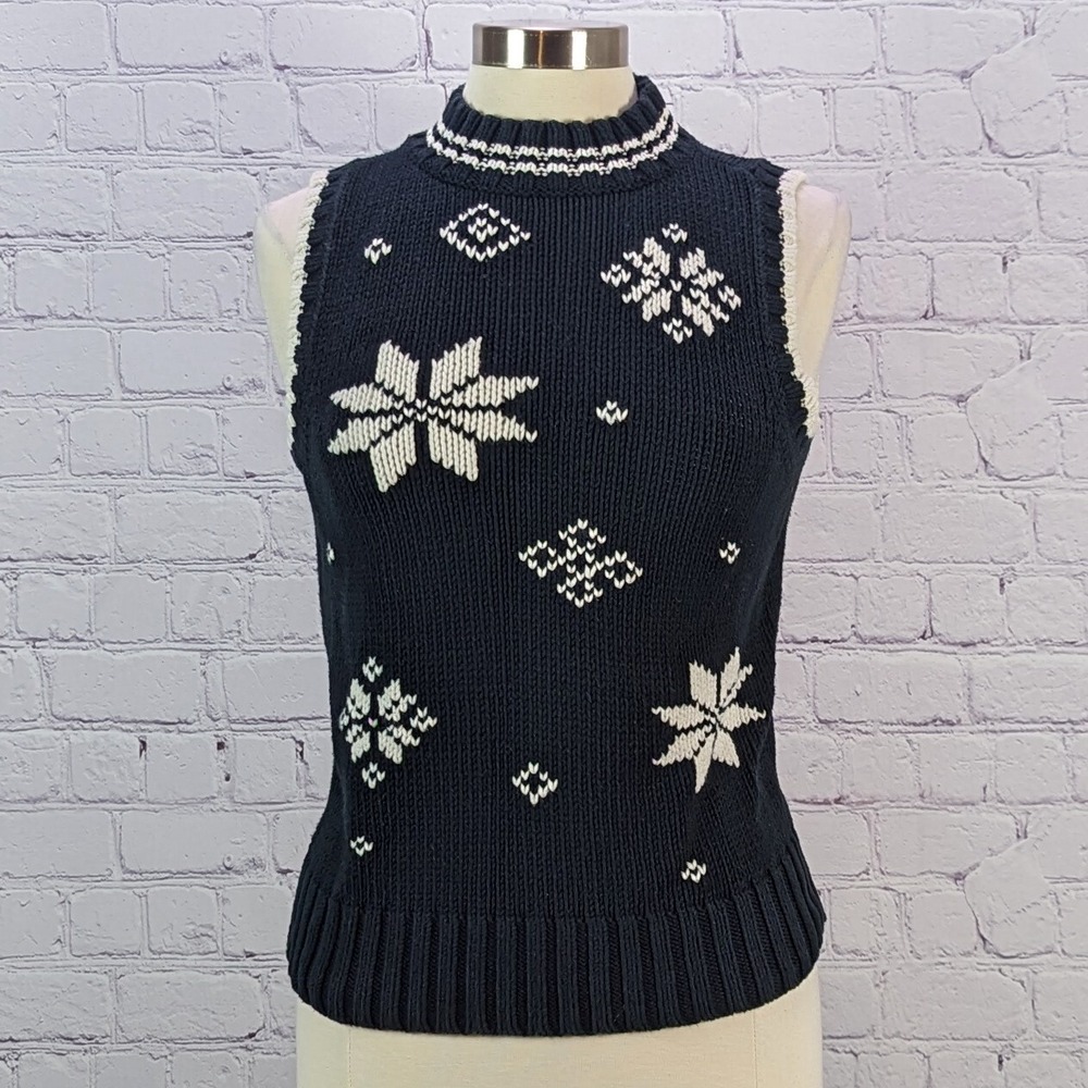 Tommy Hilfiger Vintage Y2K Womens Medium Snowflake Navy Sweater Vest Mock Neck